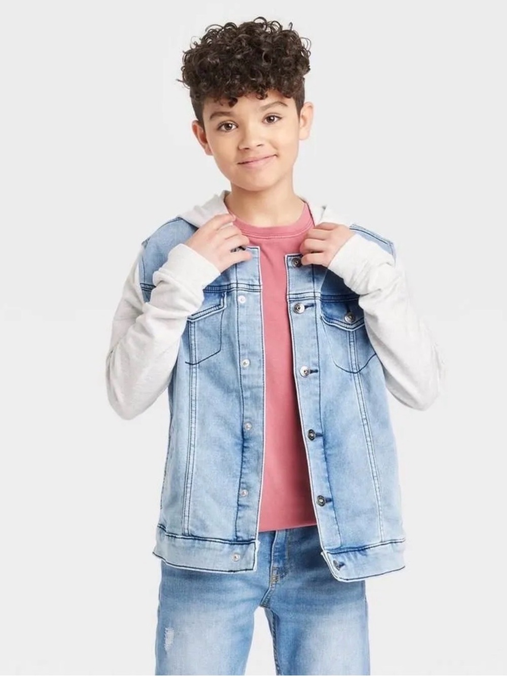 art class Light Blue Denim Jacket with Gray Hoodie Sleeves Sz Small 6/7